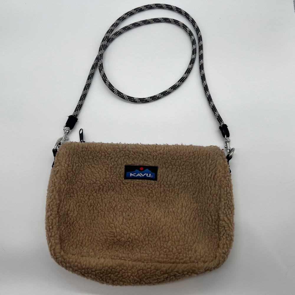 KAVU Tan Sherpa Fleece Crossbody Bag with Rope Strap Accessory Pouch